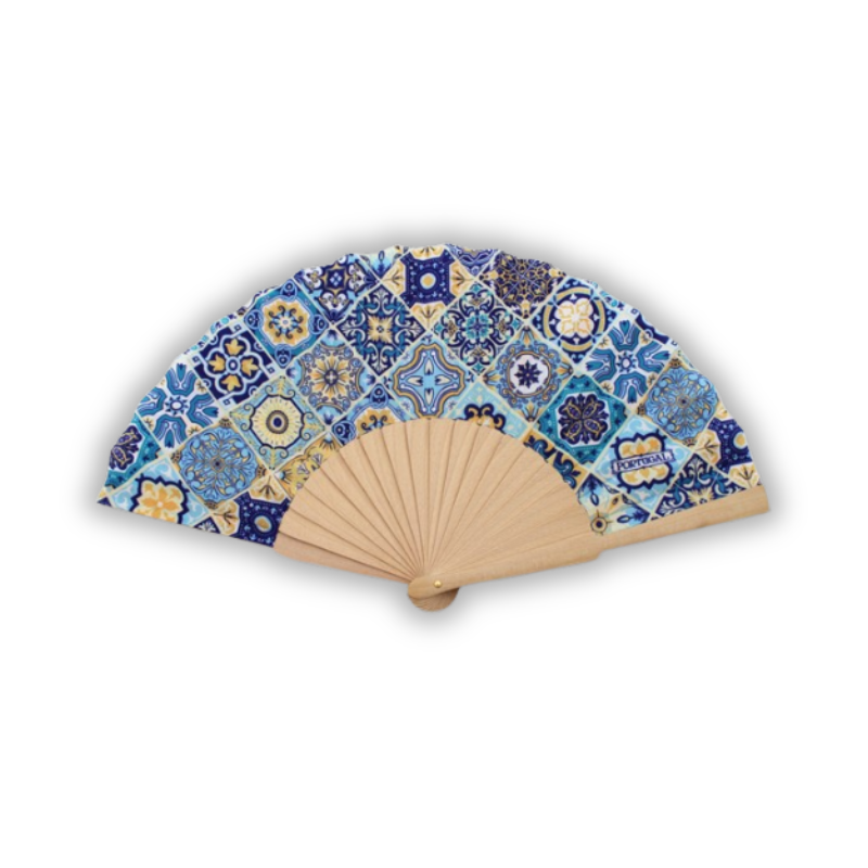 Wooden fan with Portuguese azulejo tiles pattern perfect as Portuguese souvenir, original Portuguese gift or wedding favor for guests or bridesmaids