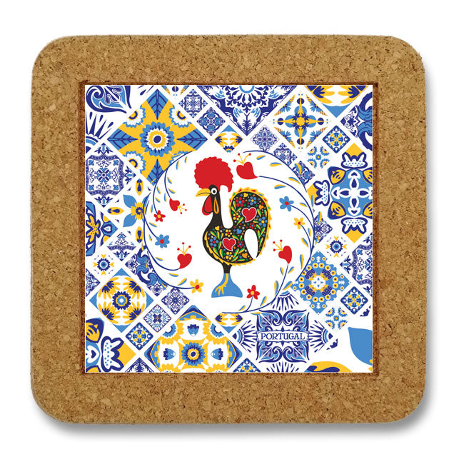 Cork trivet from Portugal with ceramic azulejo tile Galo de Barcelos perfect souvenir and gift Lisbon Porto Algarve wedding favor