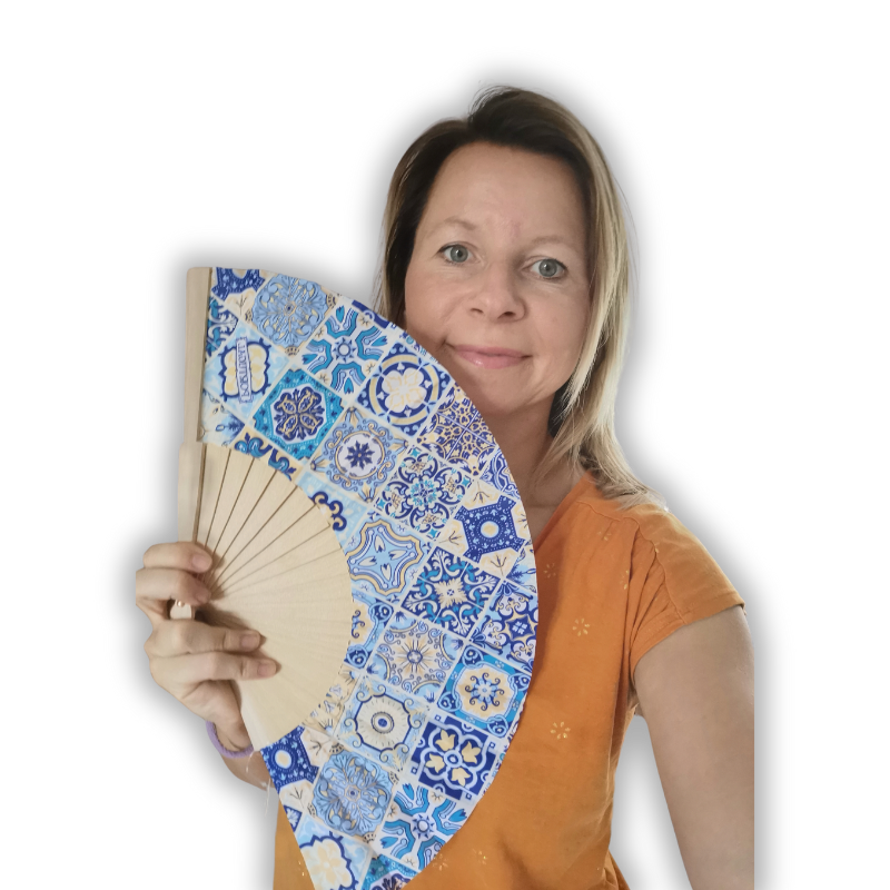 Wooden fan with Portuguese azulejo tiles pattern in blue and yellow perfect as Portuguese souvenir or original Portuguese gift or wedding favor for guests or bridesmaids