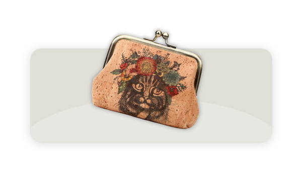 Vintage vegan cork coin purse with clasp made of cork with cat perfect cat mum gift