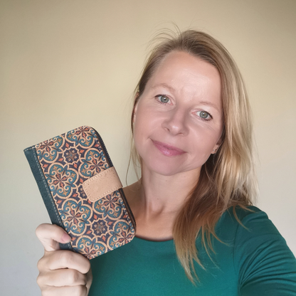 Big ladies vegan leather cork wallet RFID zip around with portuguese tiles closed with clasp perfect for Portugal Lovers.