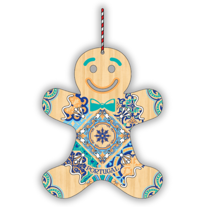 wooden Christmas ornament from Portugal with traditional gingerbread man decorated with azulejo tile patterm, great secret santa gift from Portugal, Portuguese Christmas tree decor,  Portuguese gift mum grandma friend cooworker employee