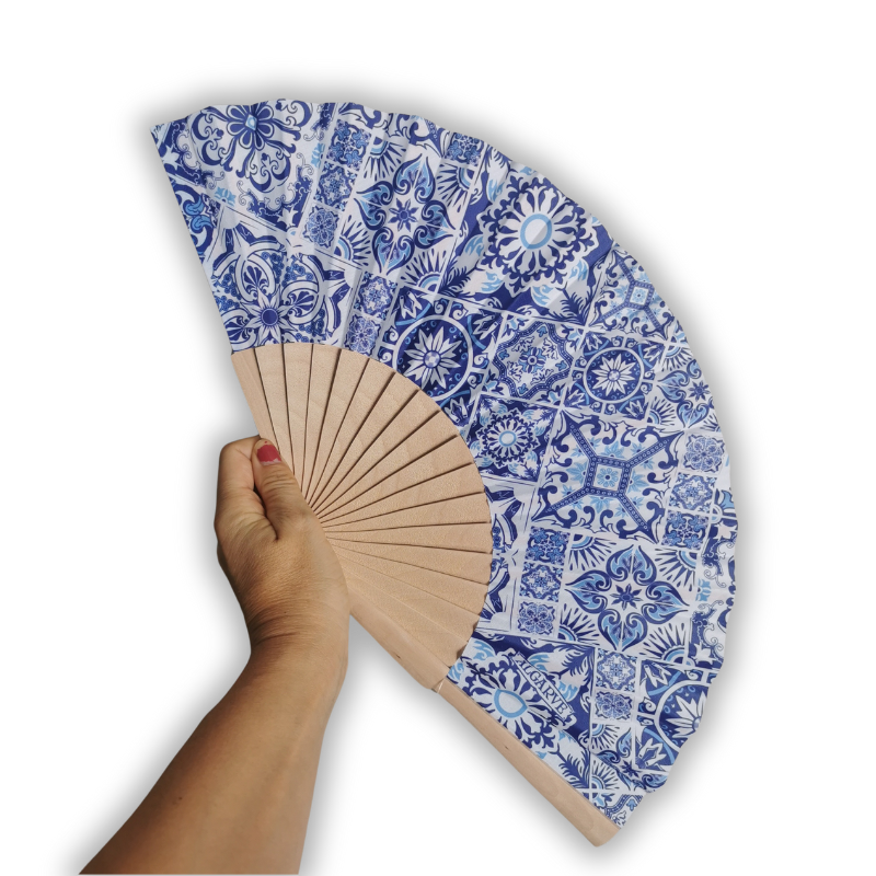 Wooden fan with Portuguese azulejo tiles pattern in blue and white perfect as Portuguese souvenir or original Portuguese gift or wedding favor for guests or bridesmaids, present from Portugal