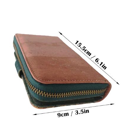 Photo showing the dimensions of the big cork wallet for women, RFID-blocking and vegan-friendly with Portuguese Azulejos design
