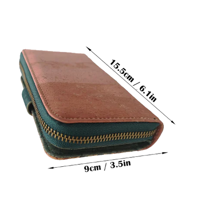 Photo showing the dimensions of the big cork wallet for women, RFID-blocking and vegan-friendly with Portuguese Azulejos design
