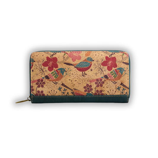 Non leather vegan ladies card holder with zipper, Big cork wallet for women with zip around, RFID-blocking, vegan-friendly with flowers and birds pattern, nature lover gift, yogi gift, eco gift for mum, cruelty-free ladies wallet