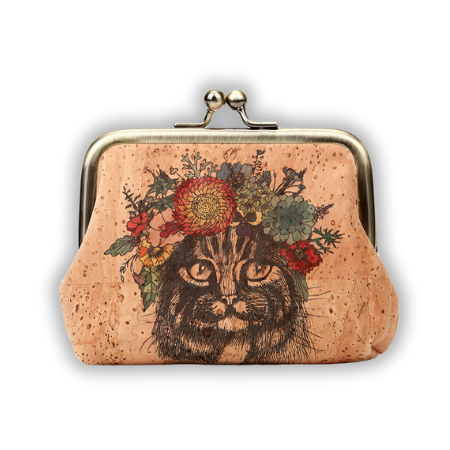 Cat-themed vegan coin purse with clasp, vintage cork coin pouch cat lover, perfect Cat Mum gift, crazy cat lady gift, vegan gift for her

