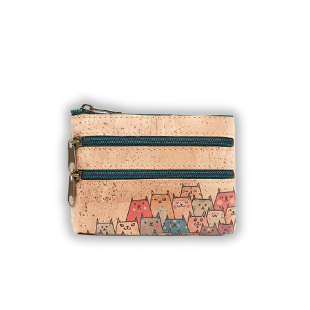 Cats coin pouch made from cork, vegan-friendly with zip and keychain, eco-friendly key holder
