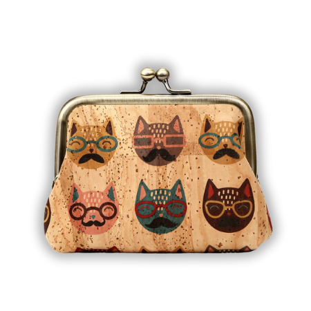 Cats vegan coin purse with clasp, vintage cork coin pouch, perfect gift for cat lovers
