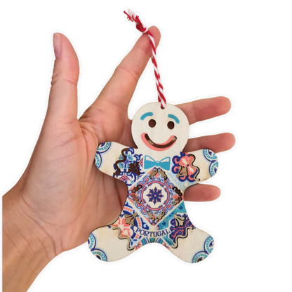 wooden Christmas ornament from Portugal with traditional gingerbread man decorated with azulejo tile patterm, great secret santa gift from Portugal, Portuguese Christmas tree decor,  Portuguese gift mum grandma friend cooworker employee