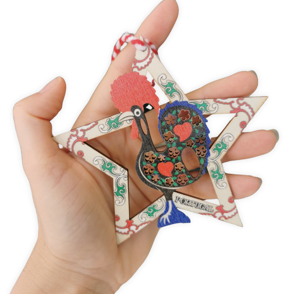 wooden star Christmas ornament from Portugal with traditional Portuguese rooster Galo de Barcelos, great secret santa gift from Portugal, Portuguese Christmas tree decor,  Portuguese gift mum grandma friend cooworker employee