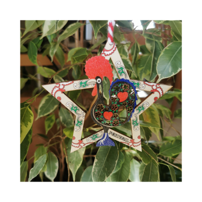 wooden star Christmas ornament from Portugal with traditional Portuguese rooster Galo de Barcelos, great secret santa gift from Portugal, Portuguese Christmas tree decor,  Portuguese gift mum grandma friend cooworker employee
