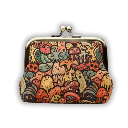 Clasp cork coin pouch, vegan-friendly coin purse, vintage eco wallet with monster pattern
