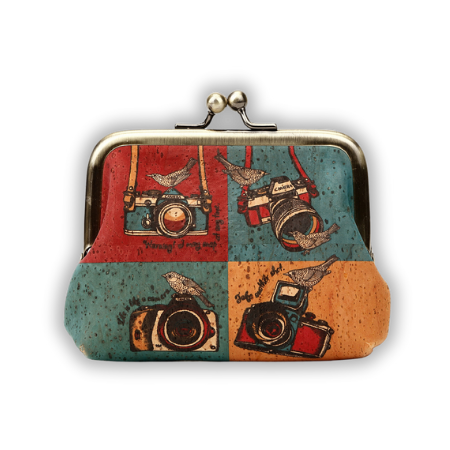 Clasp vegan coin purse, vintage cork coin pouch with camera pattern
