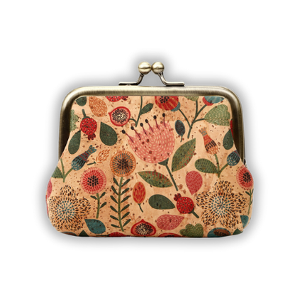 Clasp vegan coin purse, vintage cork coin pouch with folk flowers pattern
