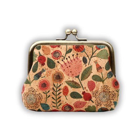 Clasp vegan coin purse, vintage cork coin pouch with folk flowers pattern
