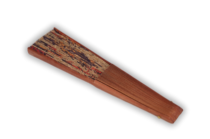 Unfolded compact view of the cork folding fan, vegan-friendly, vintage hand fan with dandelions design, eco-friendly with wood frame
