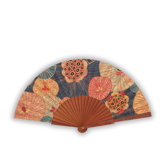 Cork folding fan, vegan-friendly, vintage hand fan with dandelions design, eco-friendly with wood frame
