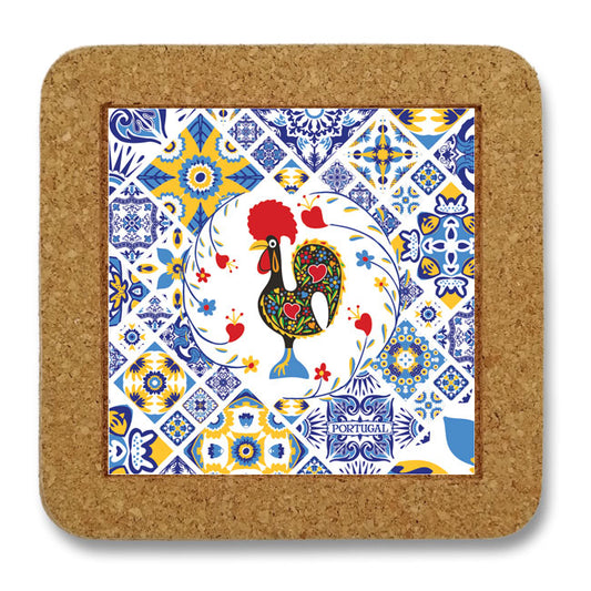 Cork trivet from Portugal with ceramic azulejo tile Galo de Barcelos perfect souvenir and gift Lisbon Porto Algarve wedding favor