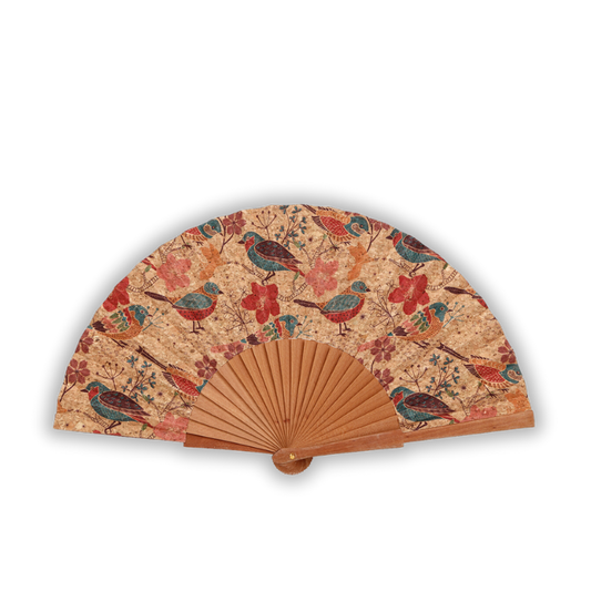 Eco folding fan made of wood and cork, vintage-style fan with flowers design, perfect as a wedding favor
