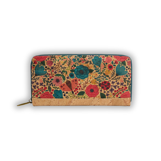 Big cork wallet for women with zip, RFID-blocking, vegan-friendly with colorful flowers design, non leather zipper wallet, eco vegan card holder womens, eco gift for her
