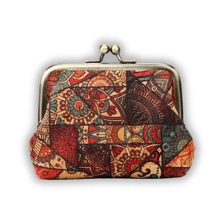 Mandala coin purse with clasp, cork coin pouch, vegan leather coin wallet
