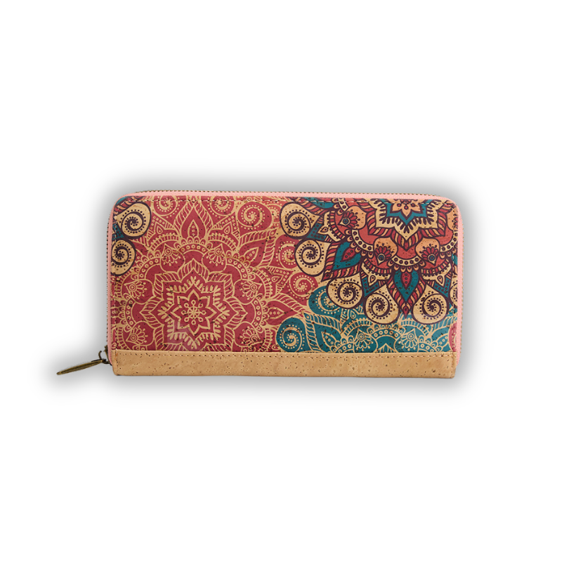 Big cork wallet for women with zip, RFID-blocking, vegan-friendly with colorful mandala design, non leather card holder, ladies zipper eco wallet, vegan gift for her, Portuguese gift
