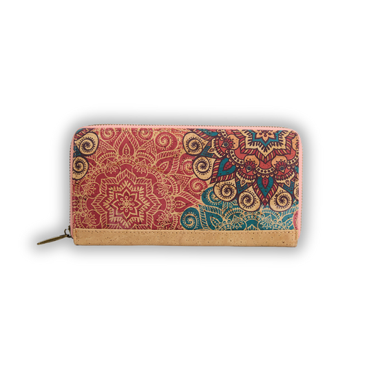 Big cork wallet for women with zip, RFID-blocking, vegan-friendly with colorful mandala design, non leather card holder, ladies zipper eco wallet, vegan gift for her, Portuguese gift
