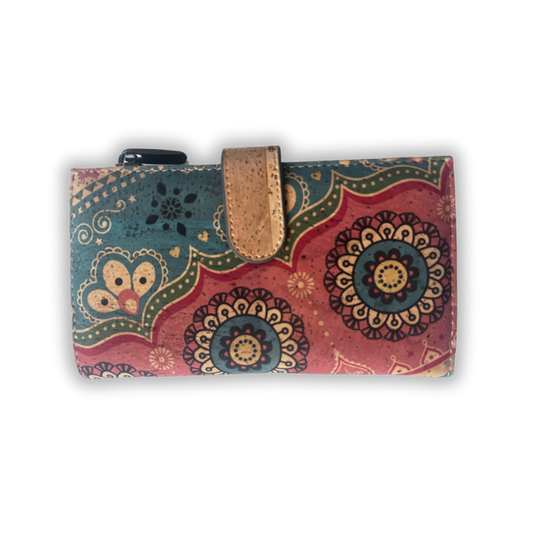 Medium cork wallet for women, vegan-friendly with mandala pattern design and RFID protection
