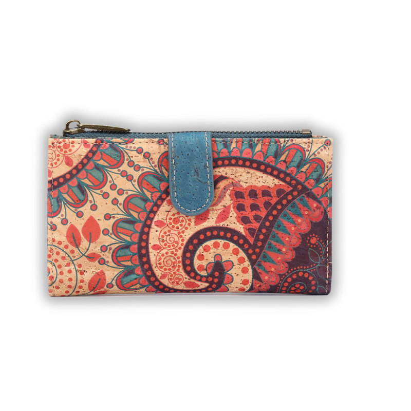 Medium vegan wallet for women, cork wallet with mandala pattern design and RFID protection
