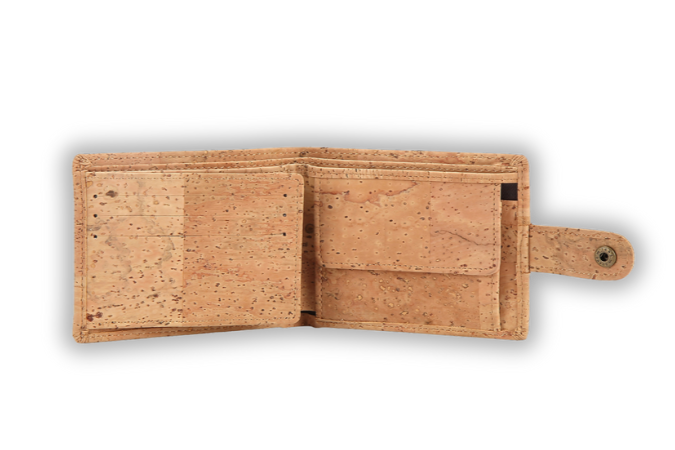 Interior view of the compact bifold cork wallet for men with clasp, showing RFID-blocking compartments, vegan card holder, vegan gift for men