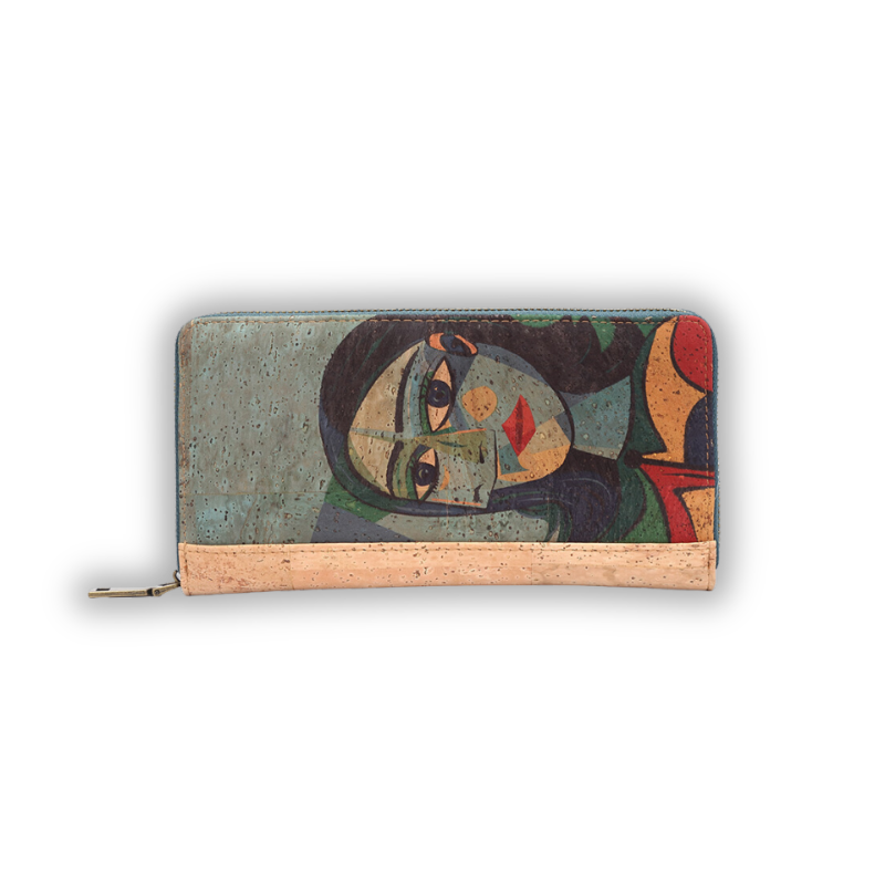 Big cork wallet for women with zip around, RFID-blocking, vegan-friendly with Picasso-inspired design, non leather ladies card holder, eco wallet, cruelty-free gift for vegans, Picasso fan gift, zipper wallet
