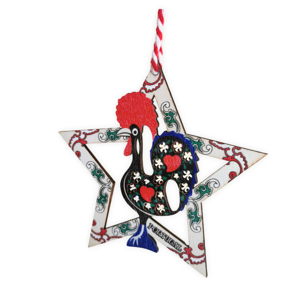 wooden star Christmas ornament from Portugal with traditional Portuguese rooster Galo de Barcelos, great secret santa gift from Portugal, Portuguese Christmas tree decor,  Portuguese gift mum grandma friend cooworker employee