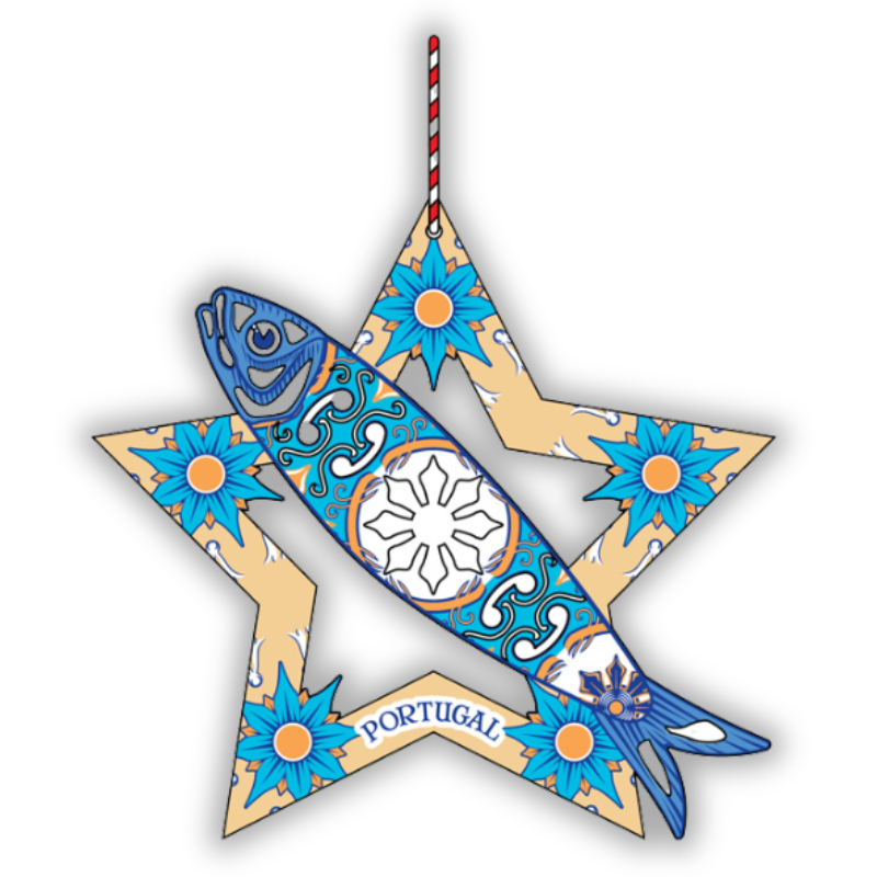 wooden star Christmas ornament from Portugal with traditional sardine decorated with portuguese azulejos tiles, great secret santa gift from Portugal, Portuguese Christmas tree decor,  Portuguese gift mum grandma friend cooworker employee