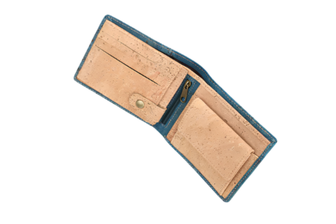 Interior view of the small cork wallet for men, featuring RFID protection, vegan-friendly, blue design
