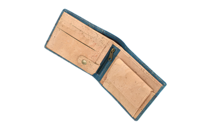 Interior view of the small cork wallet for men, featuring RFID protection, vegan-friendly, blue design
