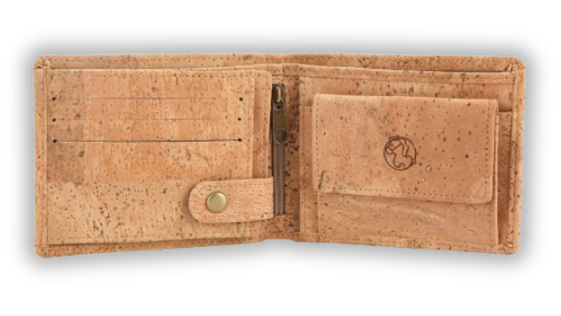 Interior view of the small cork wallet for men, featuring RFID protection, vegan-friendly, natural and blue design
