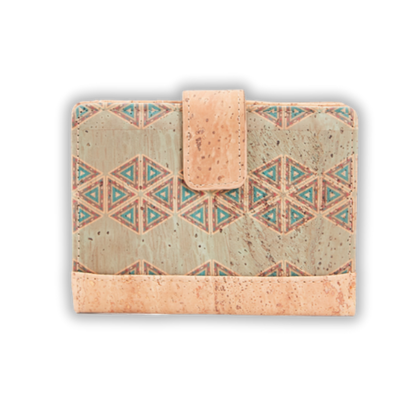 Small cork wallet for women, RFID-blocking, vegan-friendly with ethnic design, ladies vegan leather wallet with clasp green
