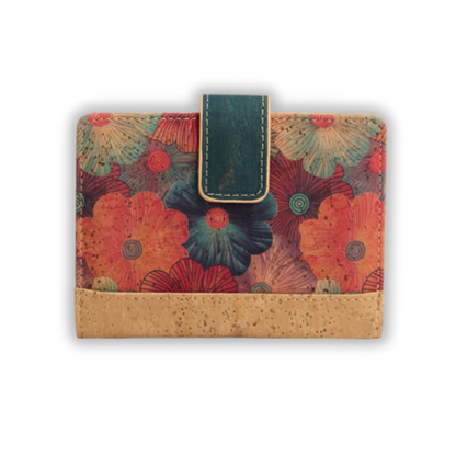 Small cork wallet for women, RFID-blocking, vegan-friendly with floral design, ladies vegan leather wallet with clasp, flower non leather card holder woman
