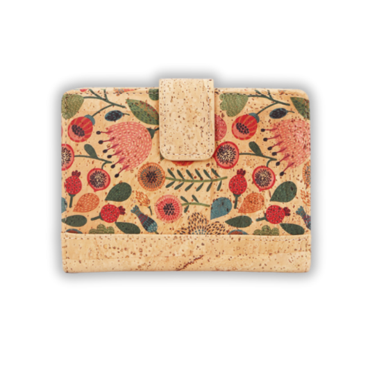 Small cork wallet for women, RFID-blocking, vegan-friendly with folk flowers design, vegan leahter ladies wallet floral design with clasp
