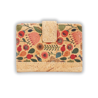 Small cork wallet for women, RFID-blocking, vegan-friendly with folk flowers design, vegan leahter ladies wallet floral design with clasp
