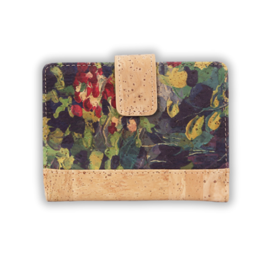 Small cork wallet for women, RFID-blocking, vegan-friendly with impressionist flowers pattern
