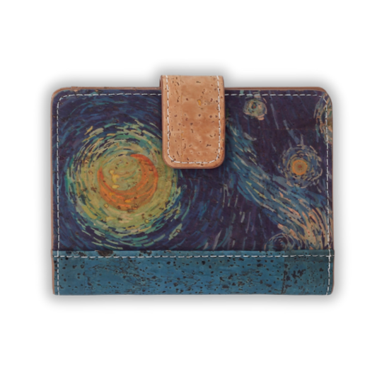 Small cork wallet for women, RFID-blocking, vegan-friendly with Van Gogh-inspired pattern, non leather ladies wallet , vegan leather card holder with clasp, vegan gift for her
