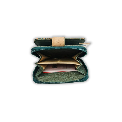 Inside top view of the small cork wallet with zip around, RFID-blocking, vegan-friendly with colorful pattern
