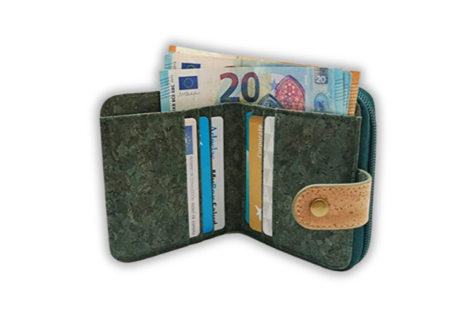 Inside view of the small cork wallet with zip around, RFID-blocking, vegan-friendly with colorful pattern
