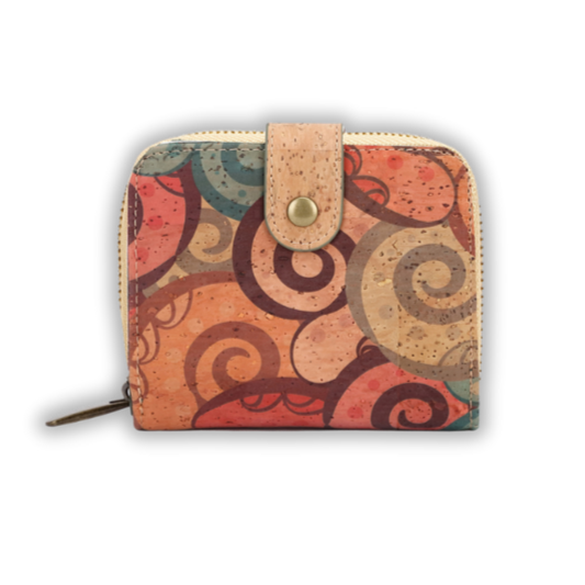 Small cork wallet with zip around, RFID-blocking, vegan-friendly with colorful pattern
