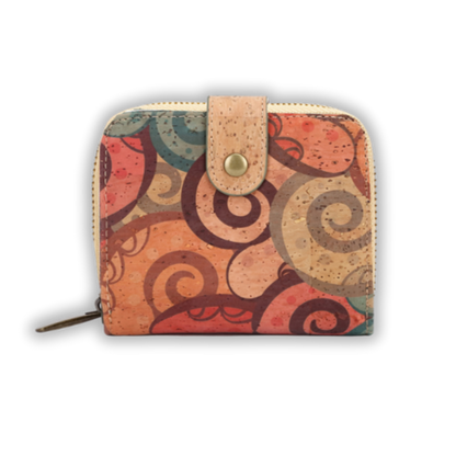 Small cork wallet with zip around, RFID-blocking, vegan-friendly with colorful pattern
