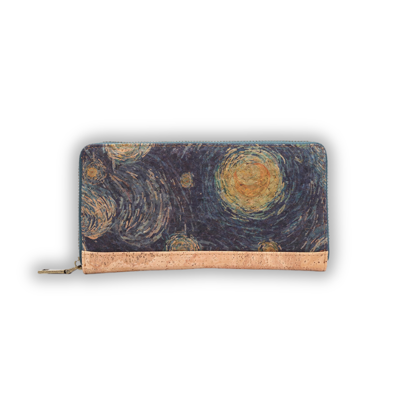 Big cork wallet for women with zip around, RFID-blocking, vegan-friendly with Van Gogh-inspired design, cruelty-free ladies non leather wallet with zipper, eco gift for art lovers, womens vegan gift, vegan leather card holder
