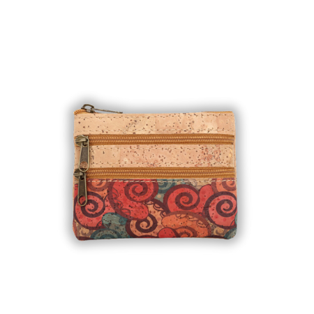 Vegan coin purse keychain with zip, cork coin pouch with color pattern, eco-friendly key holder
