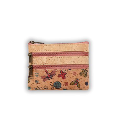 Vegan coin purse keychain with zip, cork coin pouch with dragonfly design, eco-friendly key holder
